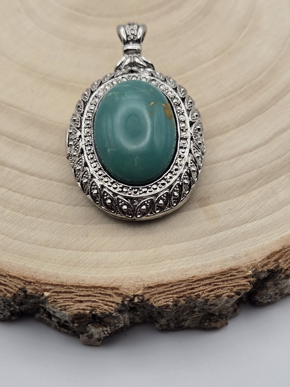 Silver Tone Natural Stone Oval Locket Pendant